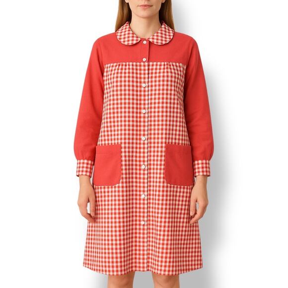 Vintage Gingham Smock Dress Peter Pan Collar Red Checkered Pockets Medium Midi - Picture 1 of 12